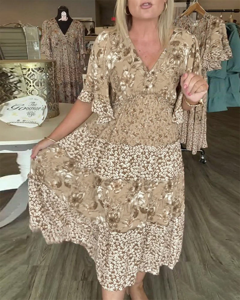 Jurk V-Hals Lotussmouwe Bloemig