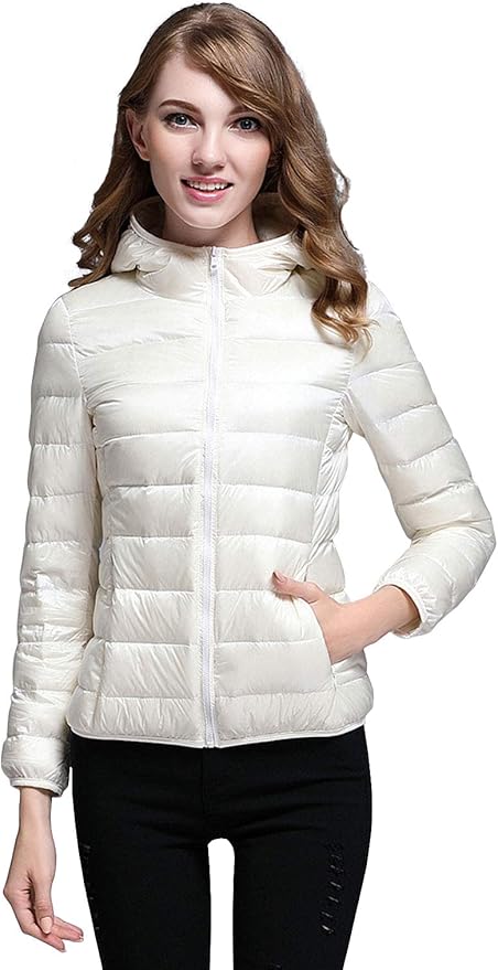 Lichte winterdonsjas met capuchon voor dames wit en zwart - opvouwbare donsjas