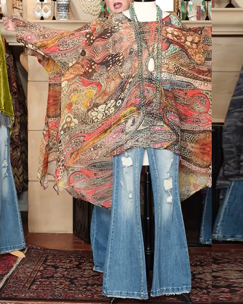 Blouse Wijde Vleermuismouw Print