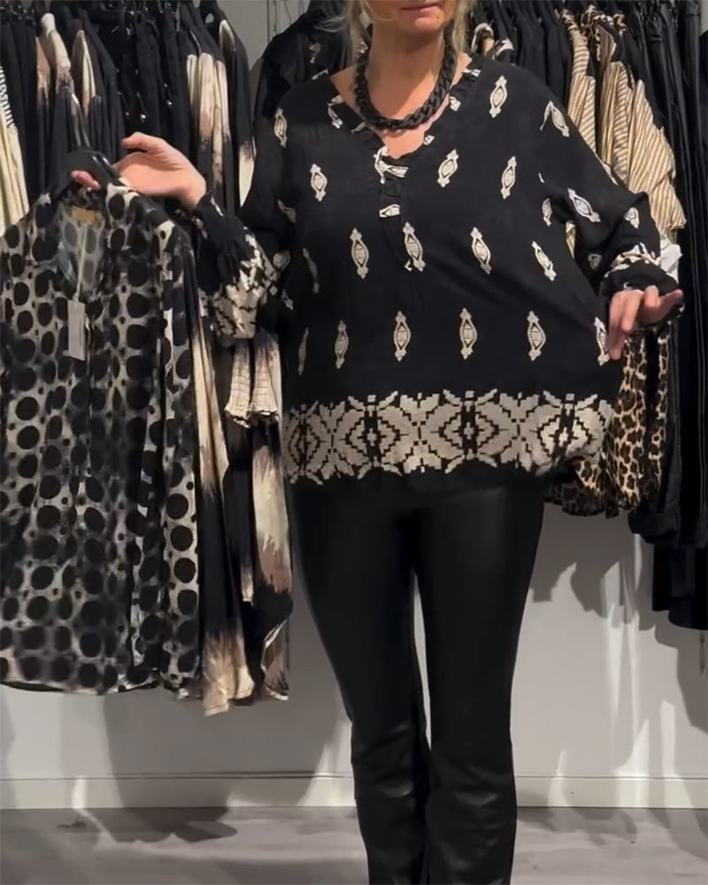 Shirt v-hals lantaarnmouw bedrukt