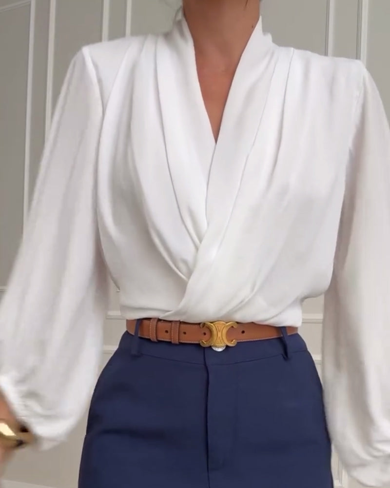 Mode effen kleur blouse met V-hals en lantaarnmouw