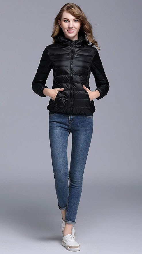 Lichte winterdonsjas met capuchon voor dames wit en zwart - opvouwbare donsjas