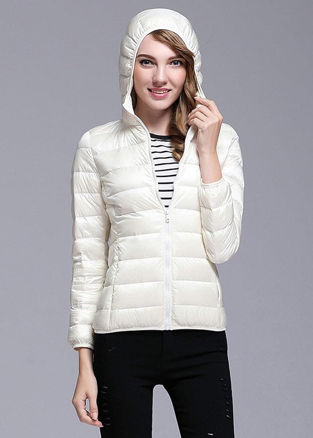 Lichte winterdonsjas met capuchon voor dames wit en zwart - opvouwbare donsjas
