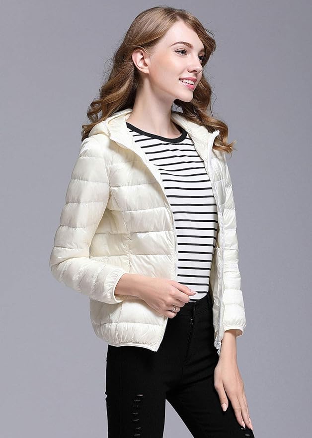 Lichte winterdonsjas met capuchon voor dames wit en zwart - opvouwbare donsjas