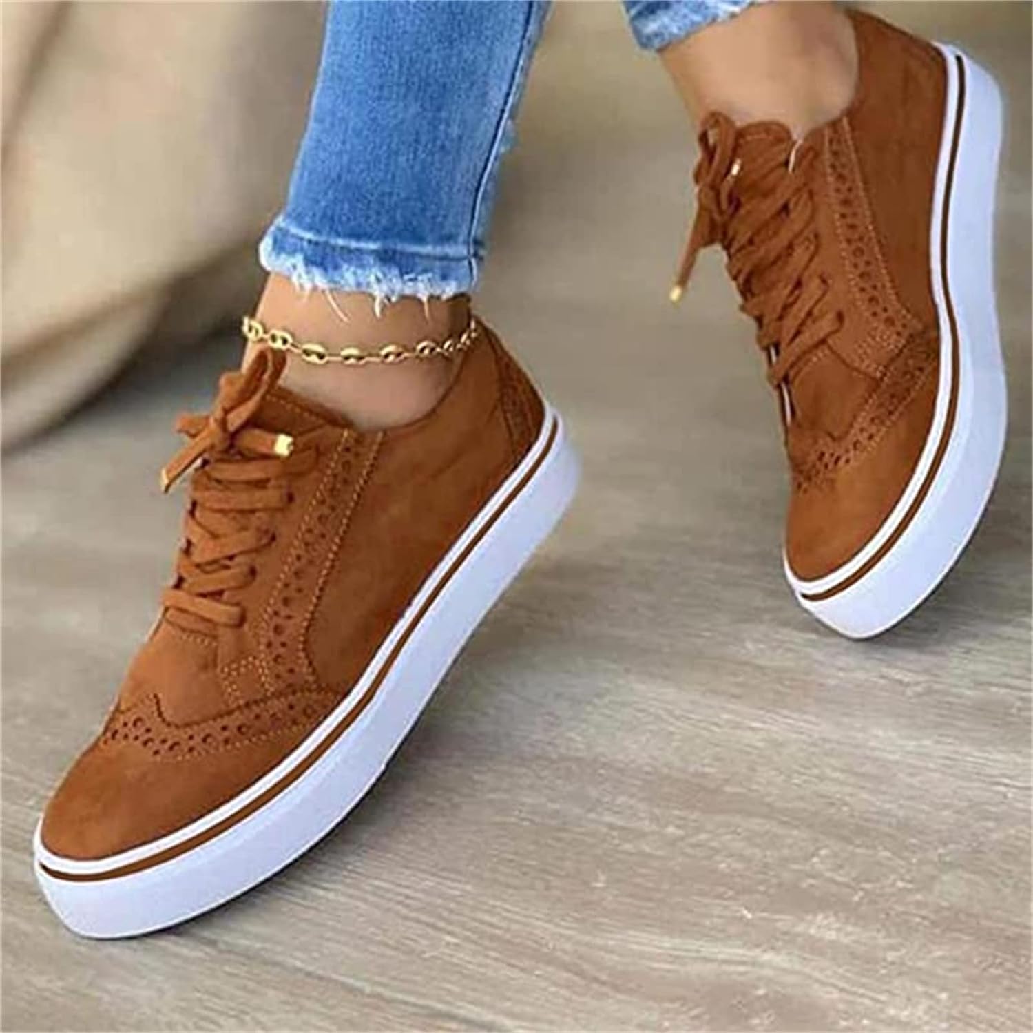 Dames trendy sneakers - stijlvolle bruine veterschoenen