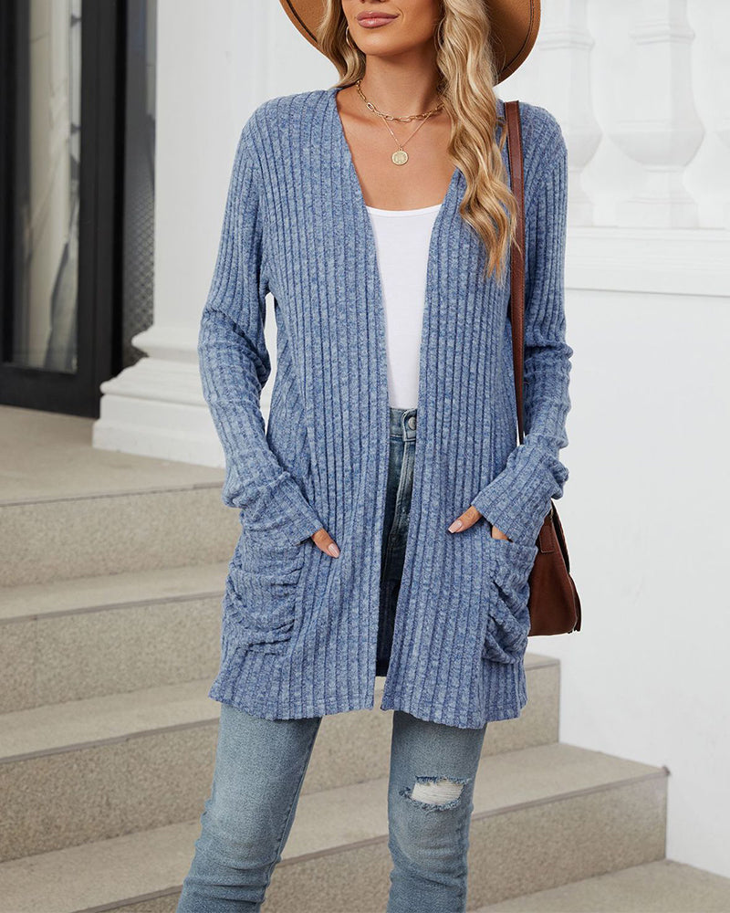 Casual effen kleur cardigan met lange mouwen en zak