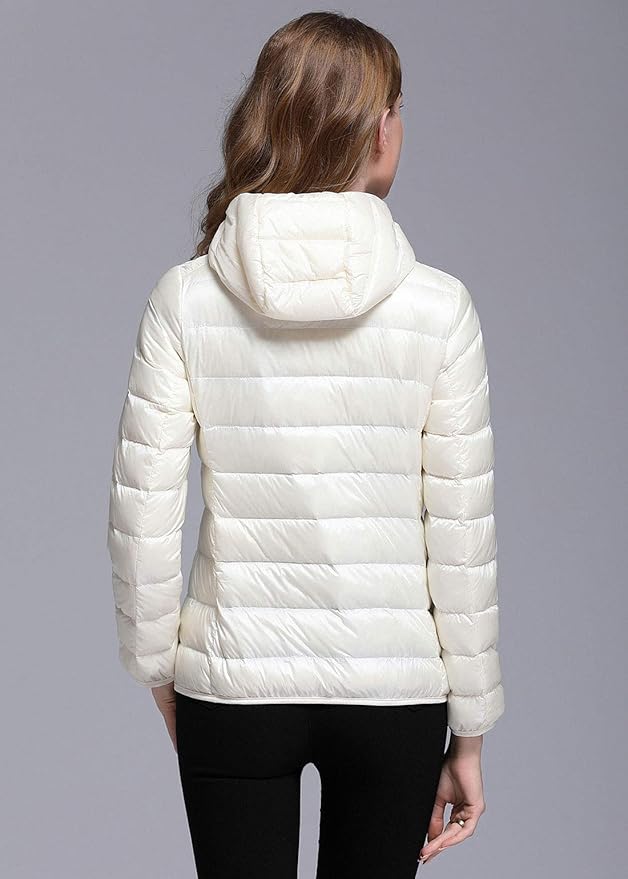 Lichte winterdonsjas met capuchon voor dames wit en zwart - opvouwbare donsjas