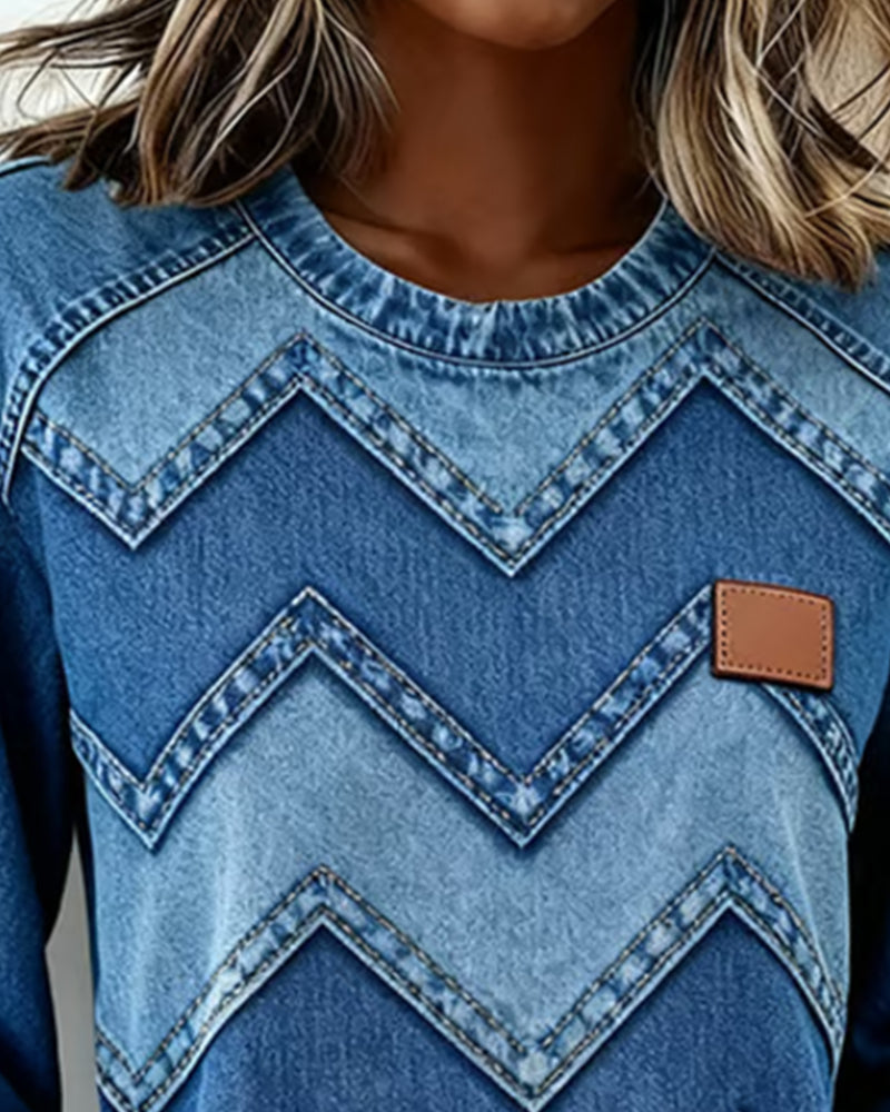 Casual Langmouwige Sweatshirt Met Denim Print