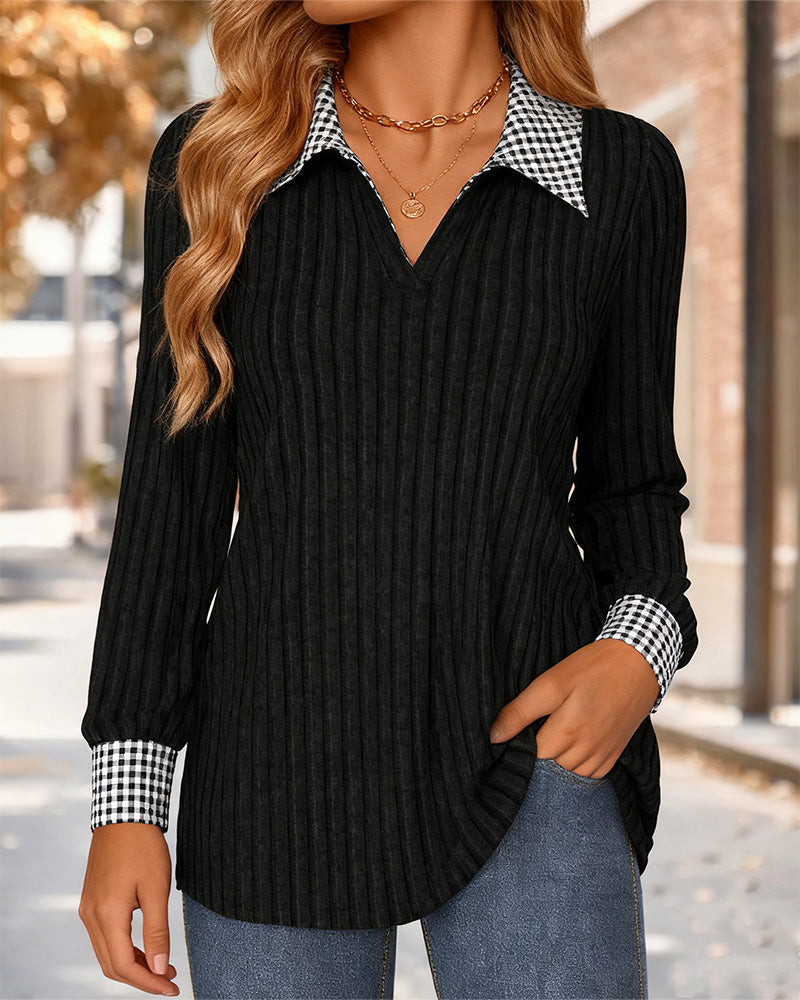 Geribbelde Top Met Geruite Contrastreverskraag