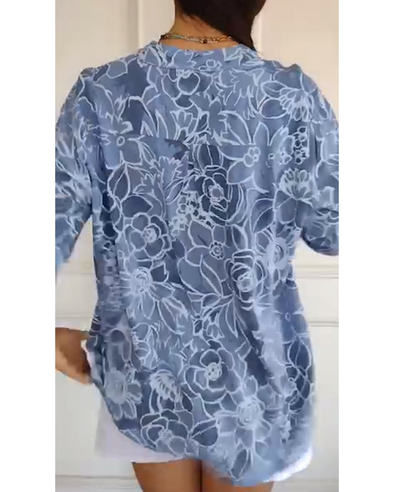 Blouse V-hals Met Knopen Bedrukt