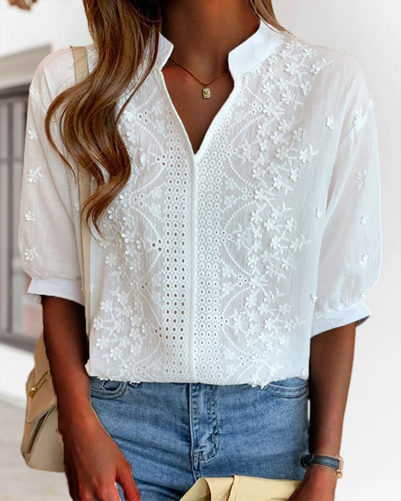 Effen blouse met V-hals en korte mouwen