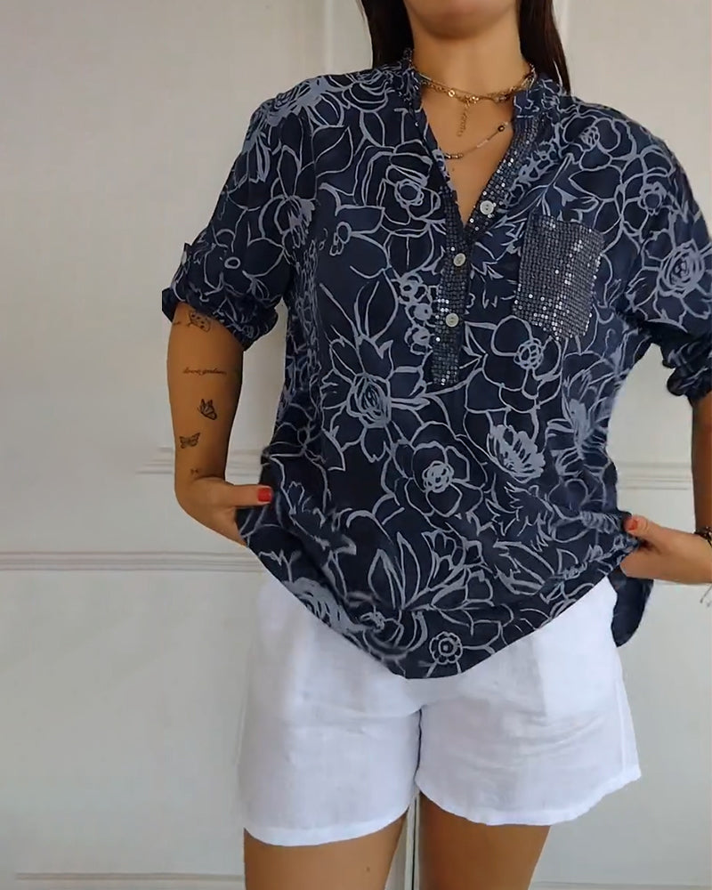 Blouse V-hals Met Knopen Bedrukt