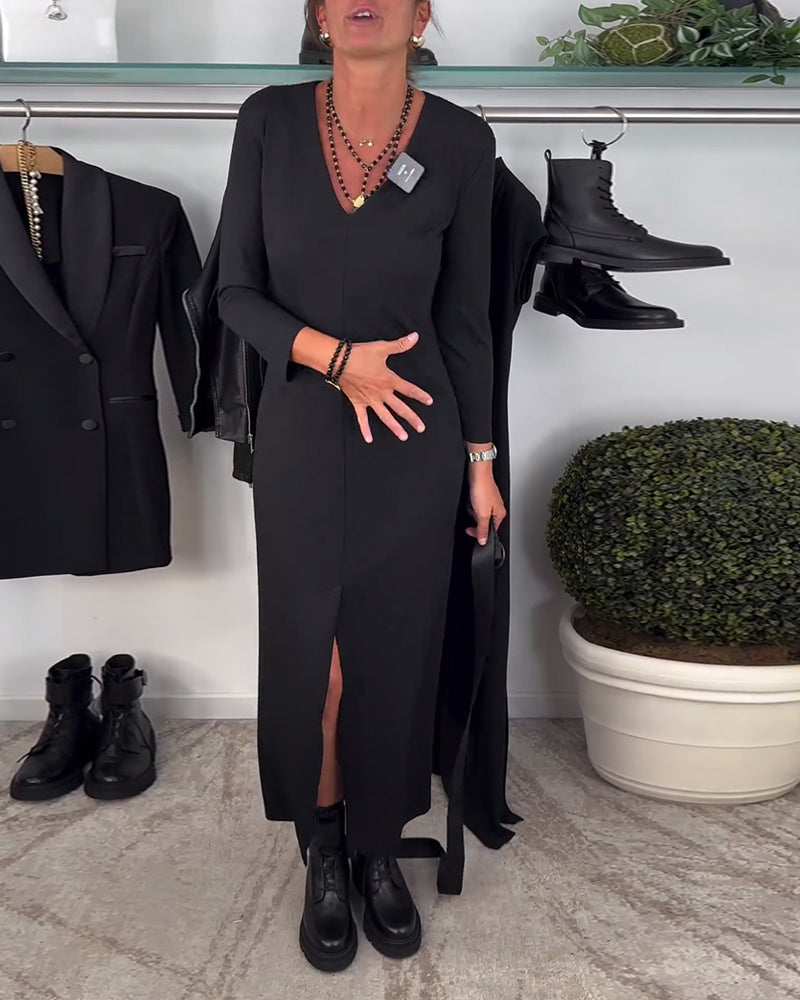 Mode effen kleur jurk met V-hals en split