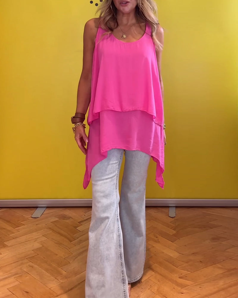 Mouwloze dubbellaagse effen kleur top