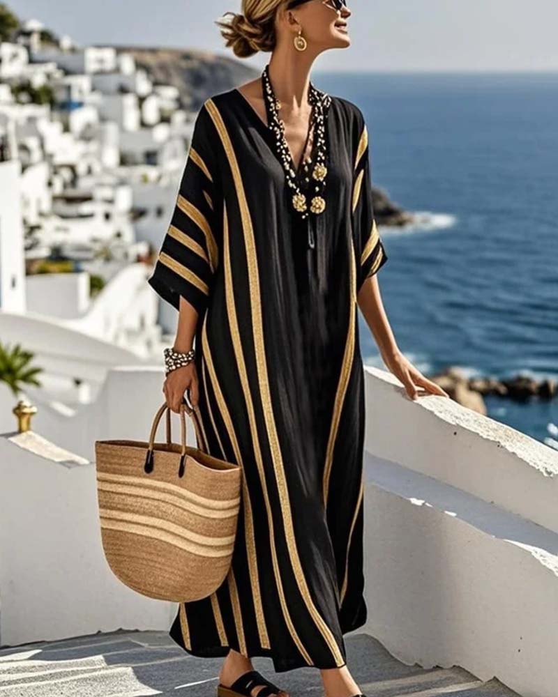 Losse Jurk Met V-Hals En Verticale Strepen