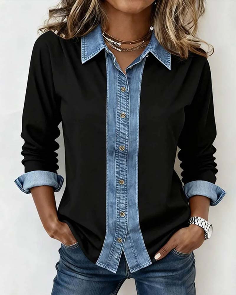 Blouse Met Denim-Patchwork En Kraag