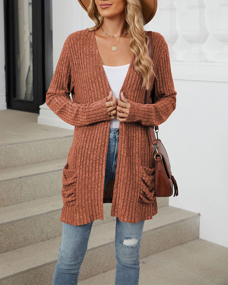 Casual effen kleur cardigan met lange mouwen en zak