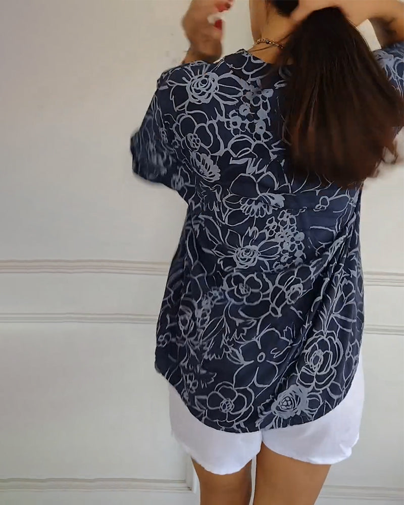 Blouse V-hals Met Knopen Bedrukt