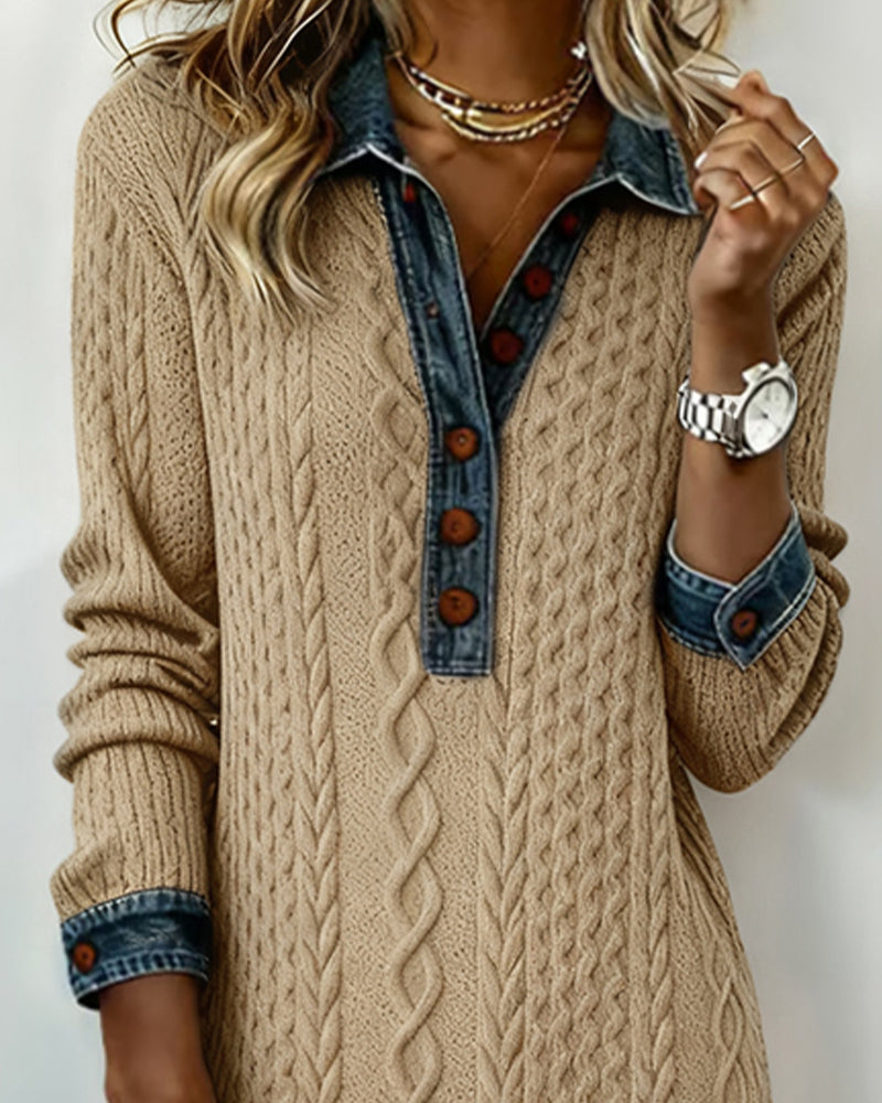 Jurk Met Kraag Van Denim, Kabelssteek En Patchwork