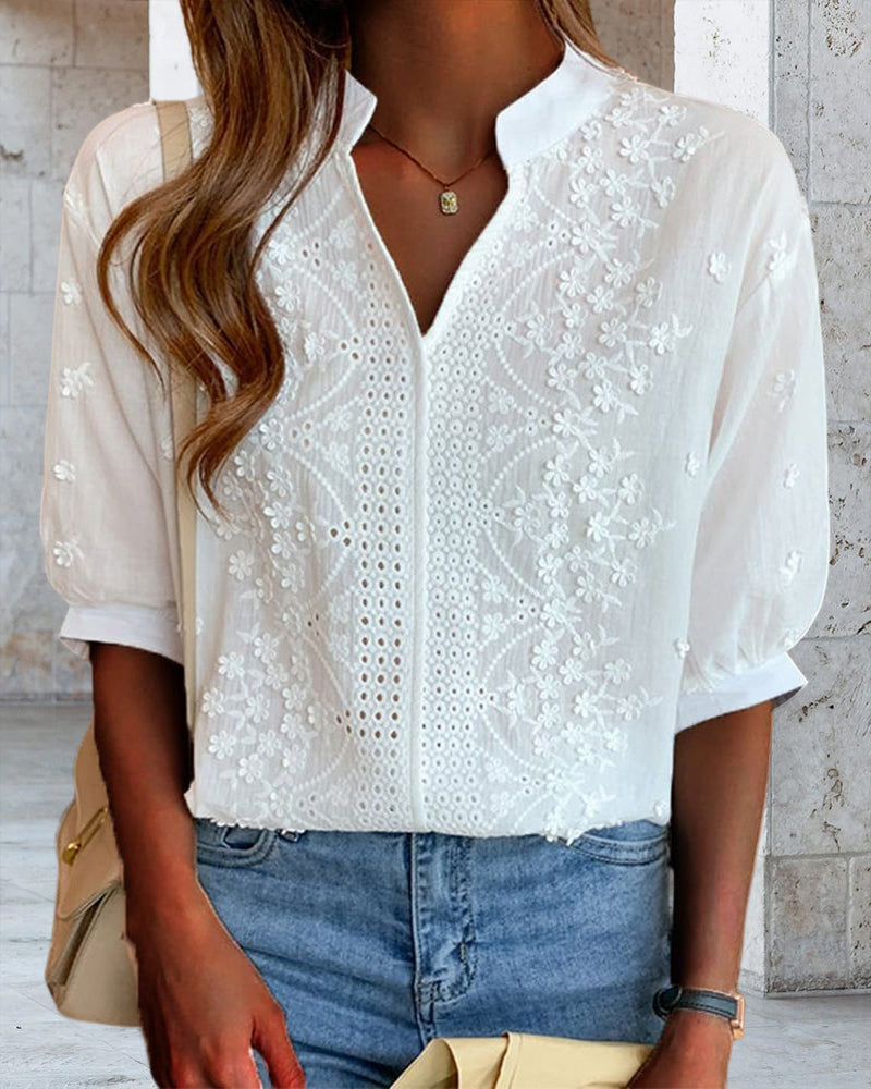 Effen blouse met V-hals en korte mouwen