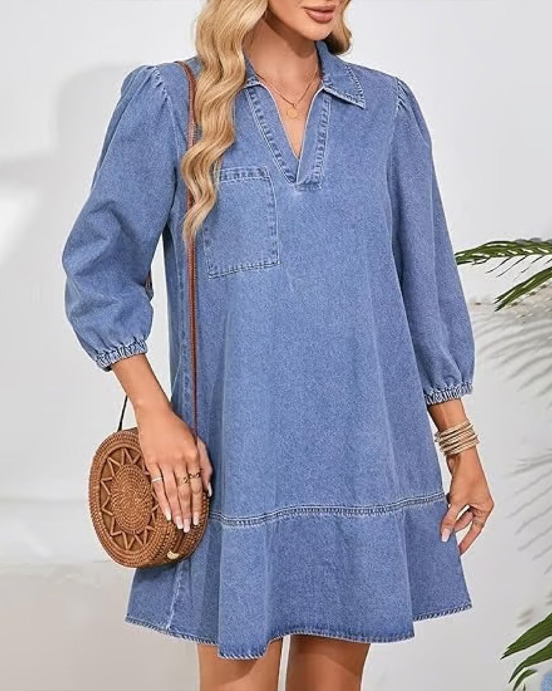 Casual jurk met V-hals tot op de knie, slank gesneden