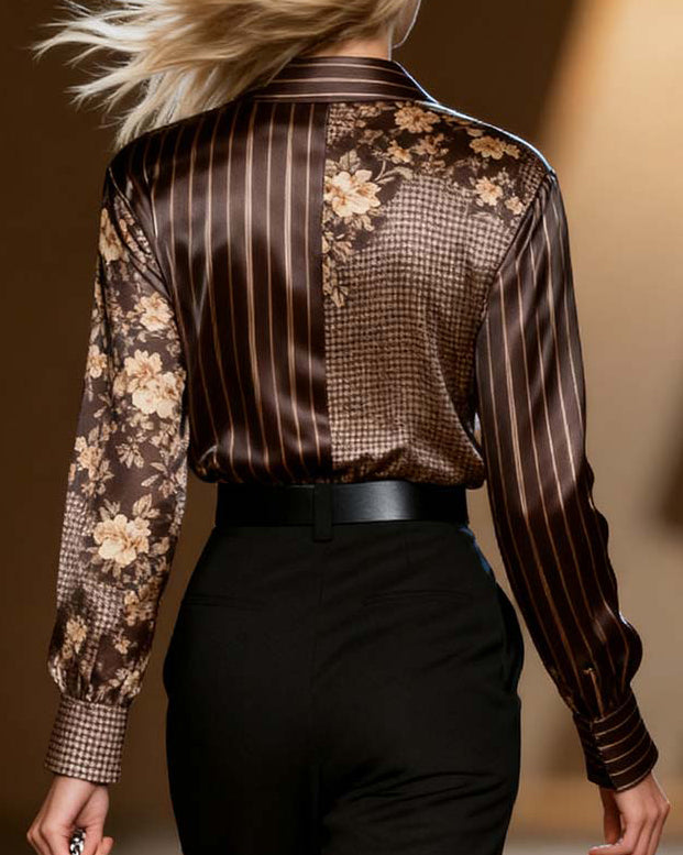 Blouse casual geruite strepenprint lange mouw