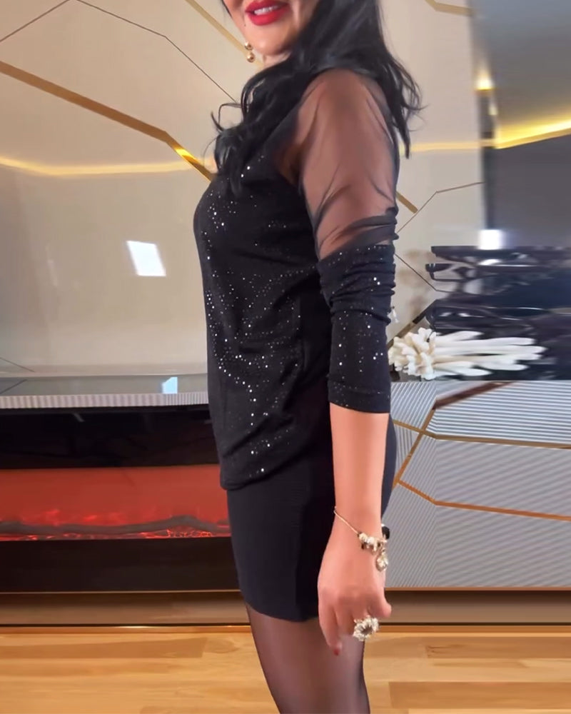 Top sexy v-hals mesh en effen pailletten