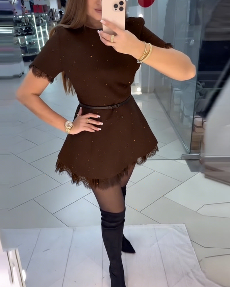 Glinsterende Kantjurk Met Korte Mouwen En A-Lijn