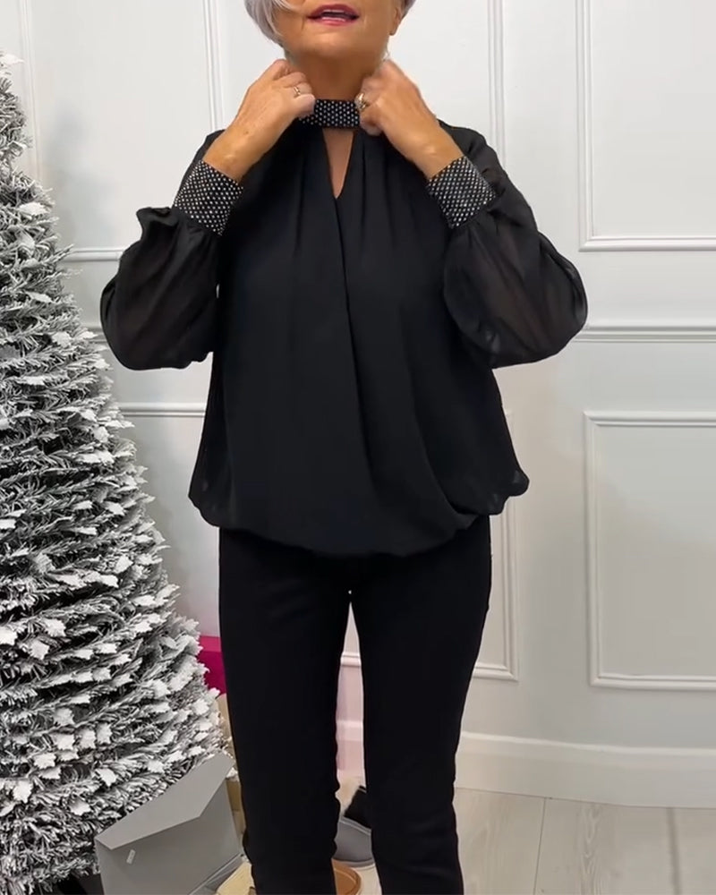 Mode effen kleur blouse met staande kraag patchwork en holle