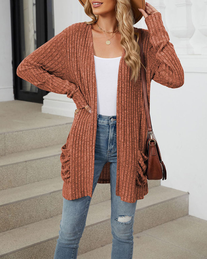 Casual effen kleur cardigan met lange mouwen en zak