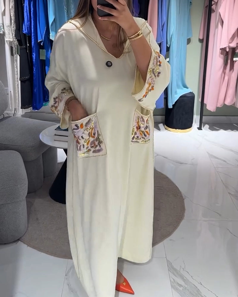 Jurk Met Capuchon Geborduurd Wijd Dubbele Zakken