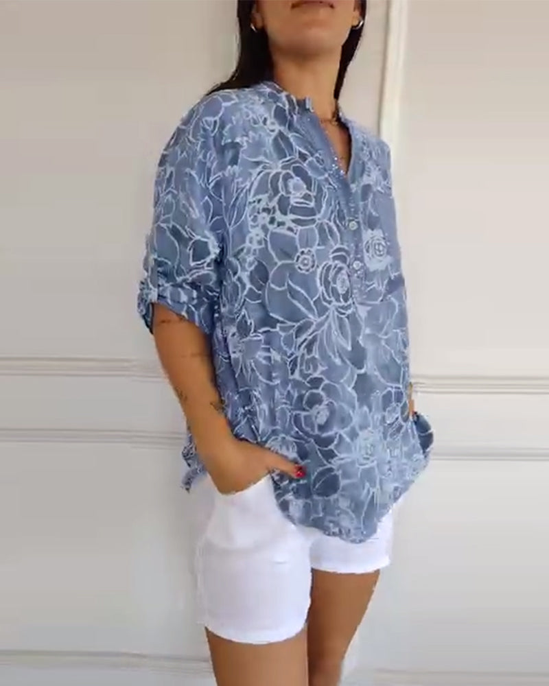 Blouse V-hals Met Knopen Bedrukt