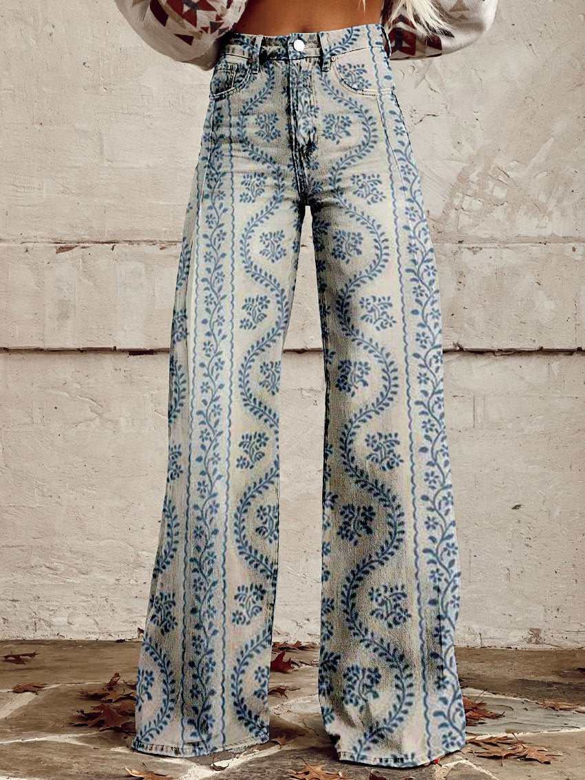 Brede been bloemenbroek - elegante denim onderstukken voor vrouwen