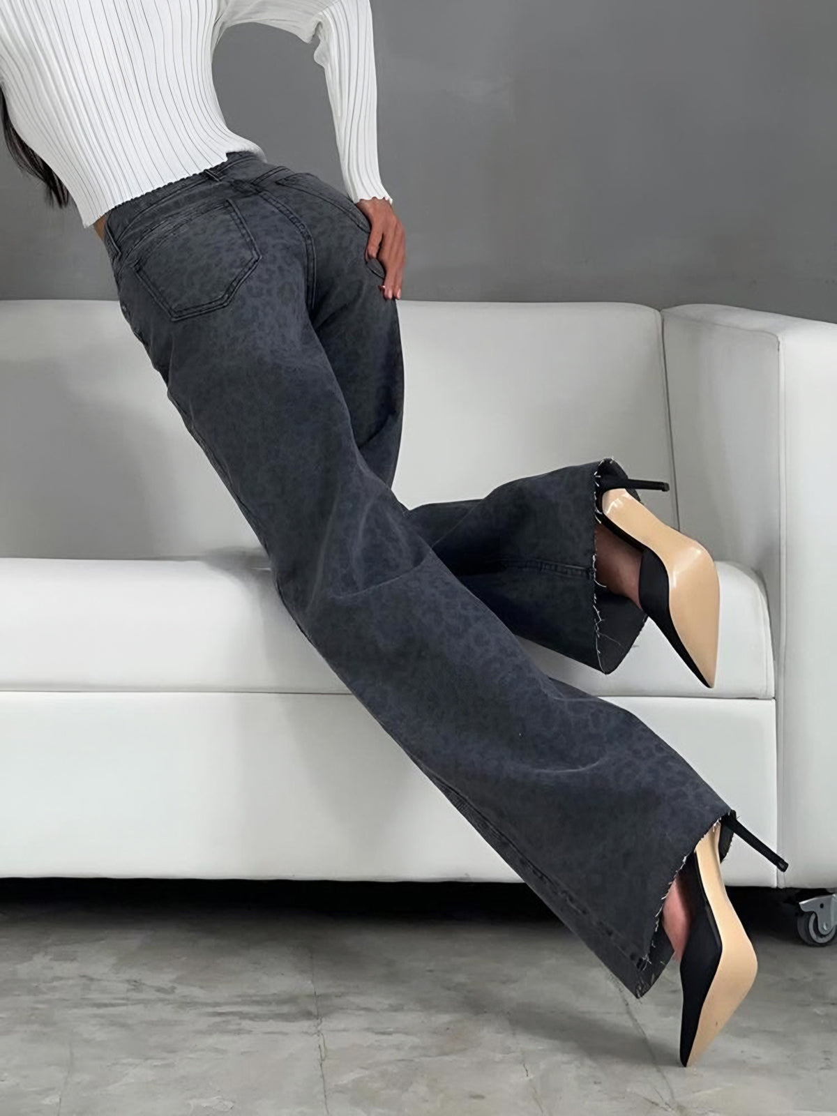 Luipaardprint denim jeans - trendy grijze dames flare broeken