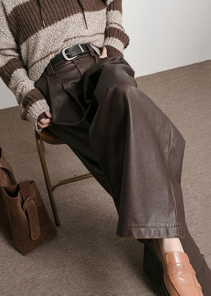 Brede pijpen faux leren broek - chique bruine dames hoogzittende pants