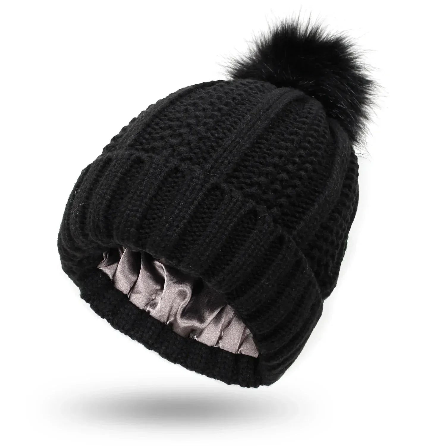 Gebreide beanie muts - dames wintermuts met nepbont pompon