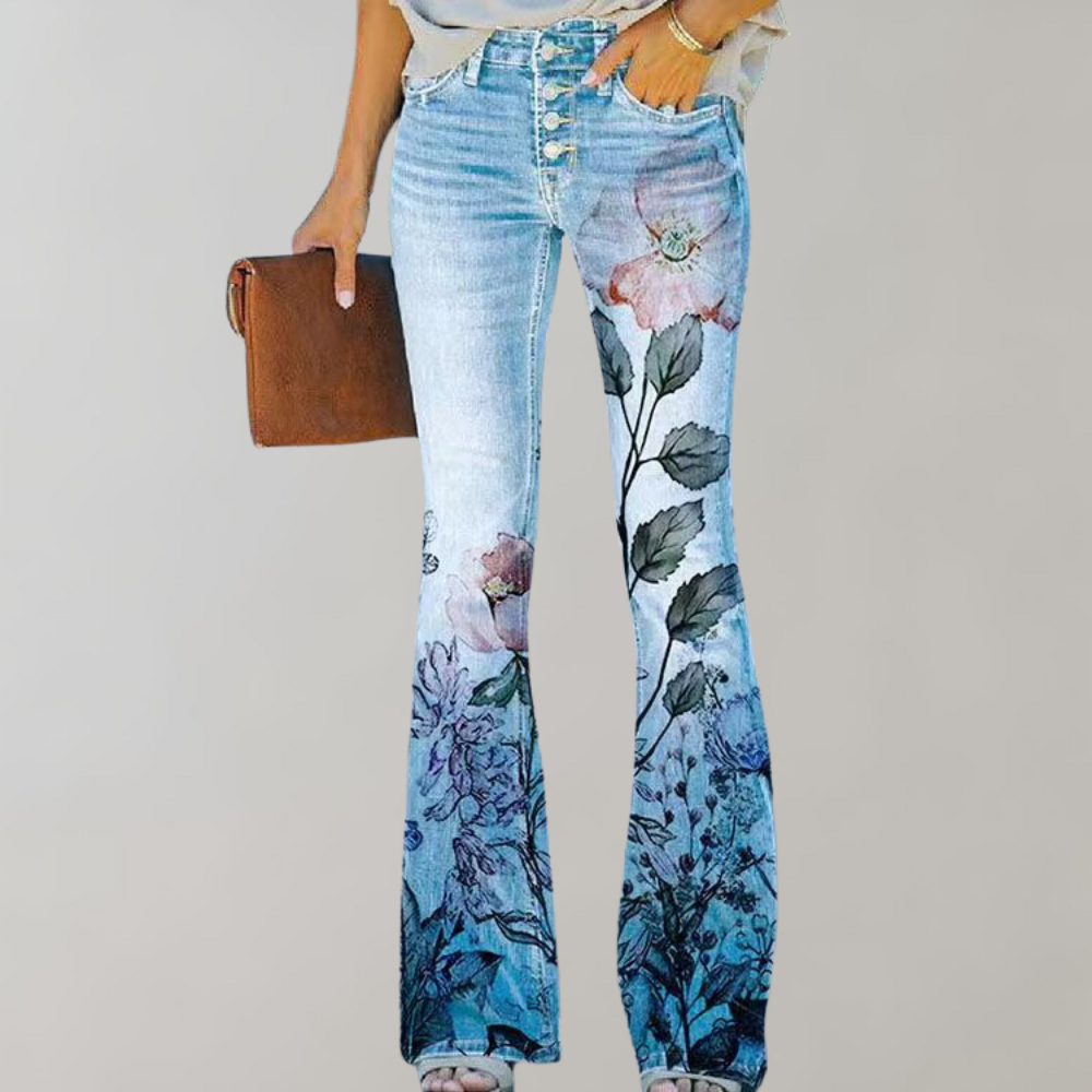 Florale flared jeans - stijlvolle damesjeans met een kleurrijk bloemenpatroon