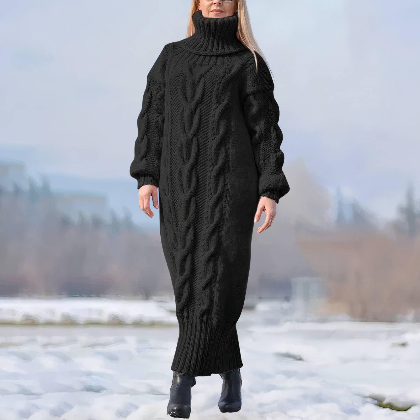 Gebreide jurk - lange maxi jurk met hoge kraag en kabelstructuur