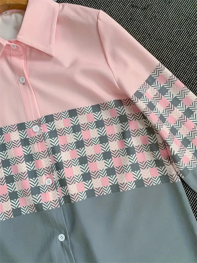 Blouse met kleurblokken en ruitpatroon