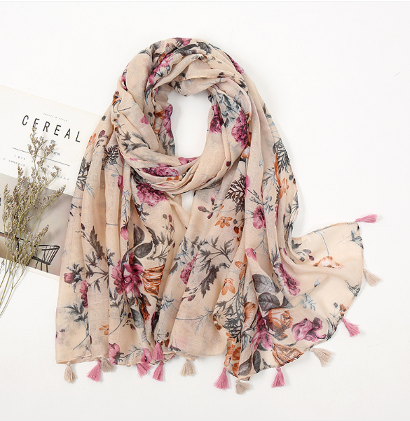 Florale pashmina sjaal met franjes - elegante dames sjaal