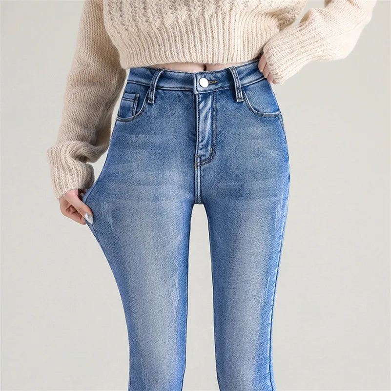 Vrouwen jeans met hoge taille en warme pluche binnenvoering - comfortabele skinny fit dames