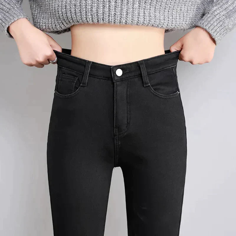 Vrouwen jeans met hoge taille en warme pluche binnenvoering - comfortabele skinny fit dames