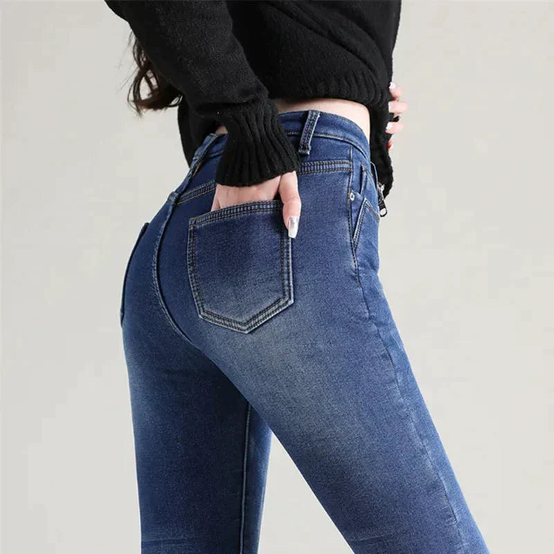 Vrouwen jeans met hoge taille en warme pluche binnenvoering - comfortabele skinny fit dames