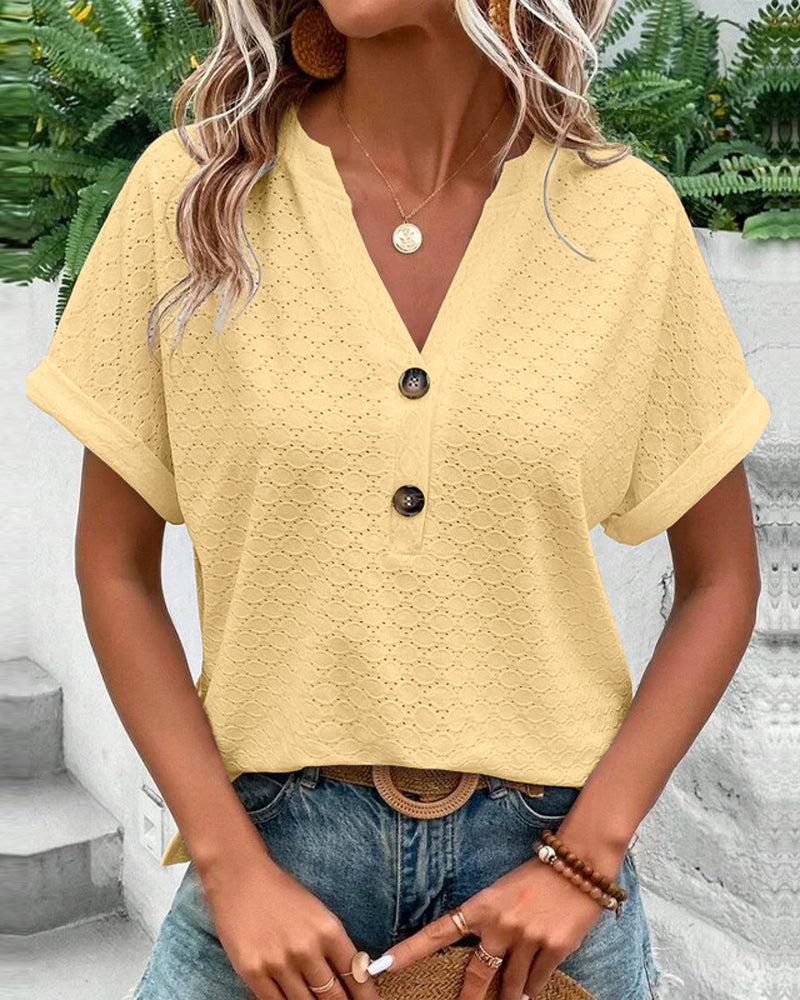 Casual blouse met V-hals in effen kleur met knoop