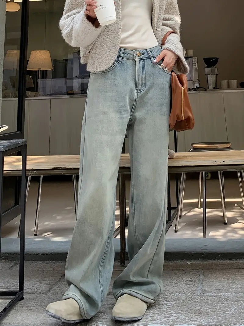 Hoge taille recht gesneden jeans - samtblauwe dames casual broeken