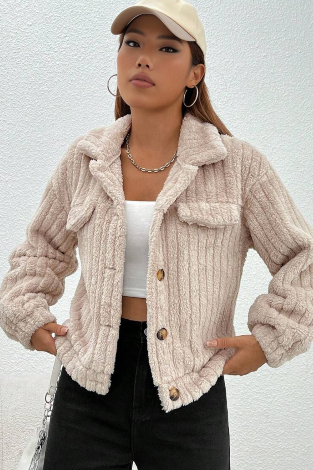 Dames bouclé jas van zachte textuur - beige winterlaag