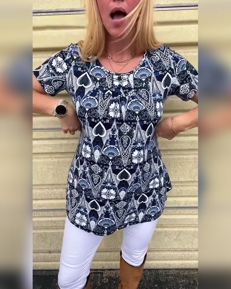 T-shirt casual retro ronde hals bedrukt