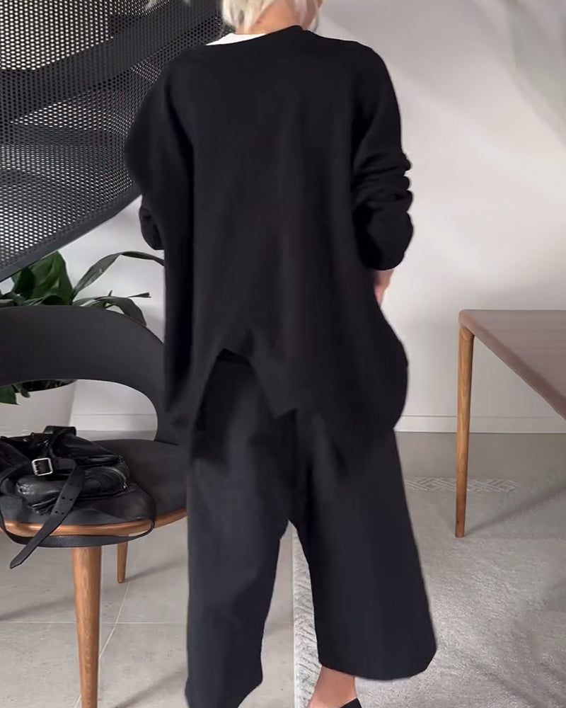 Effen casual sweatshirt met ronde hals en split