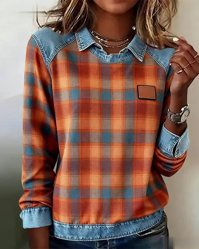 Sweatshirt Revers Ruit Denim Patchwork