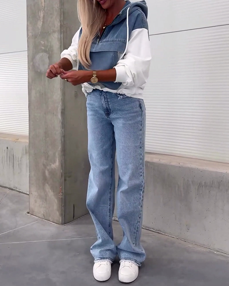 Casual denim patchwork hoodie met rits